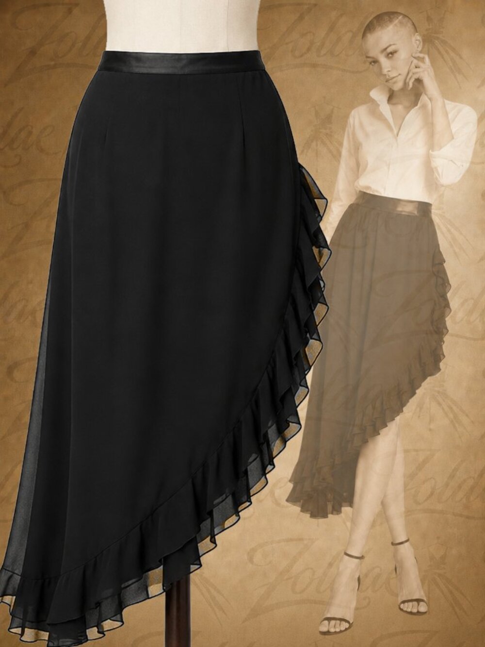 JS Collections Black Asymmetrical Ruffle Maxi Skirt 16 High Low Romantic